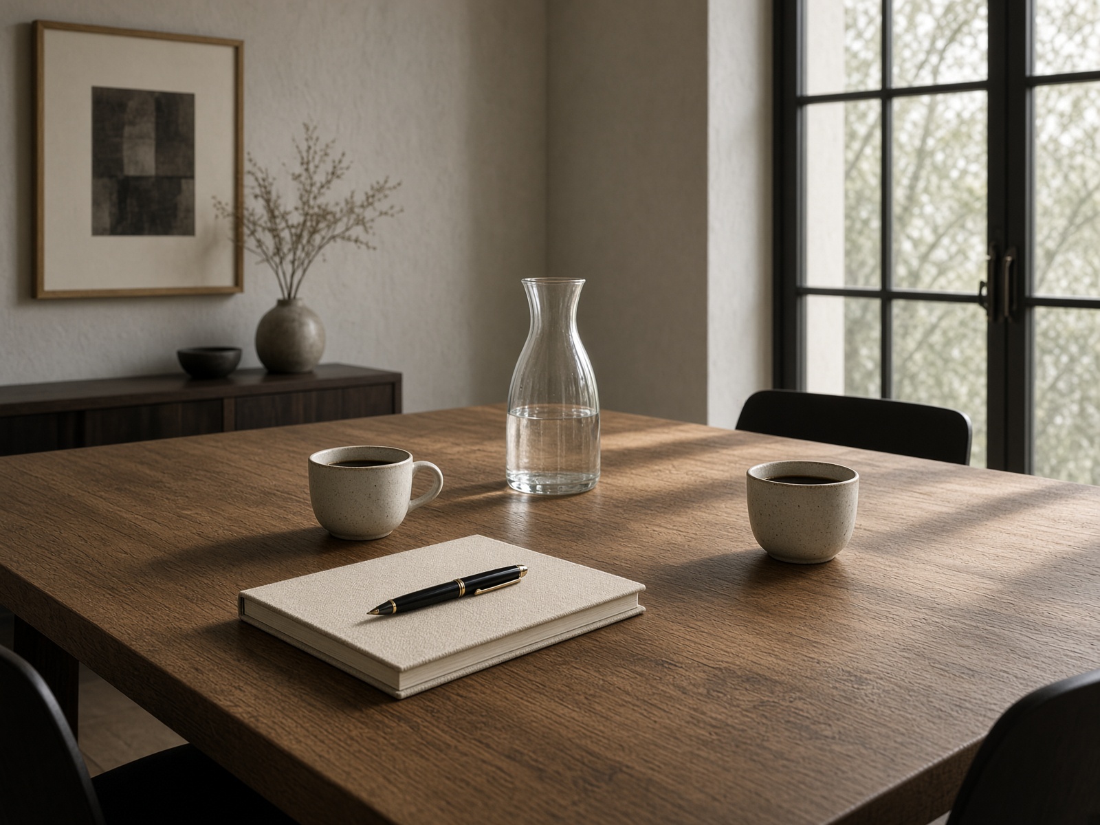 A quiet oak conference table with notebooks and coffee in morning light